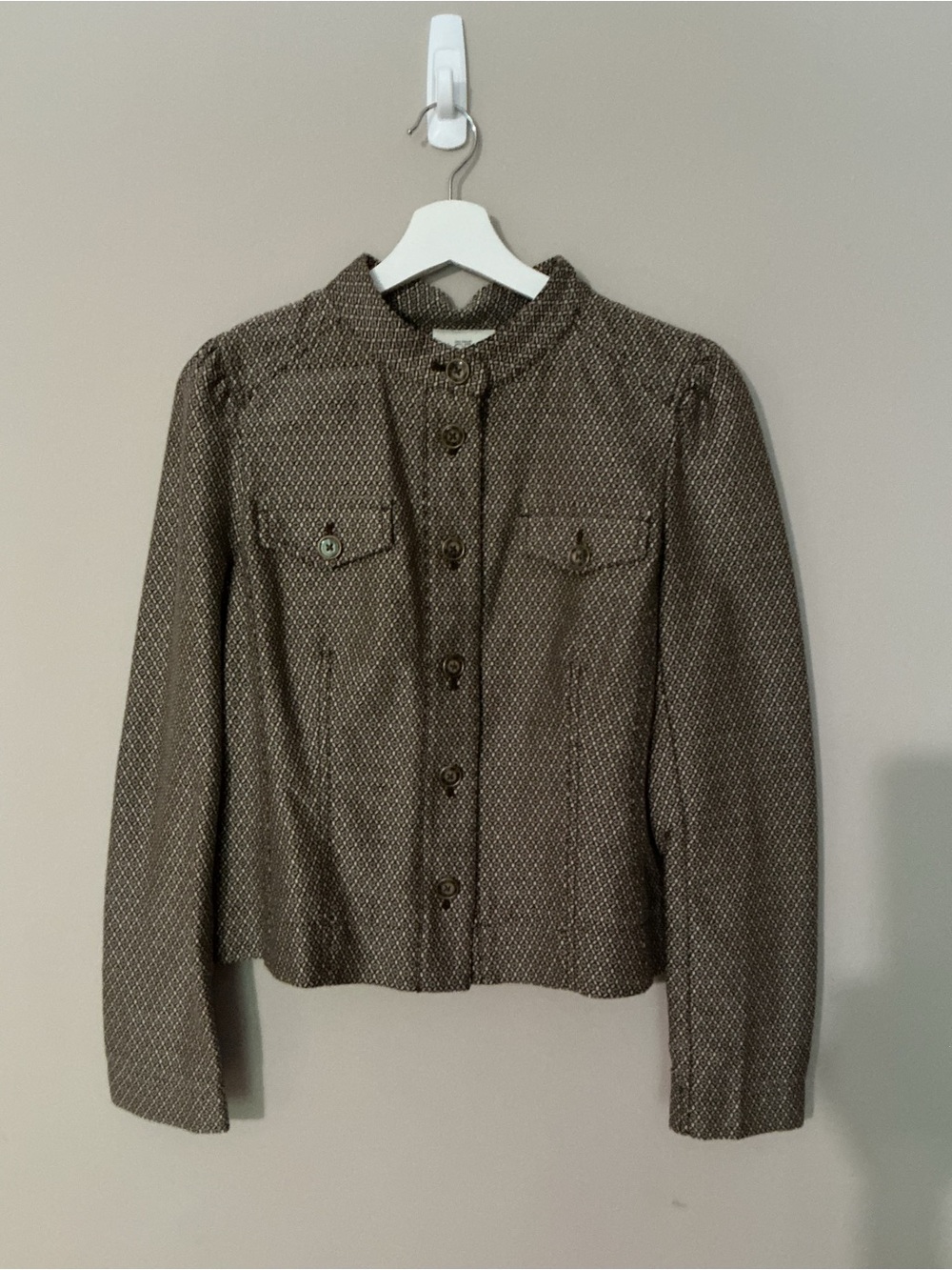 LOFT Lightweight Tweed Cropped Button-Up Blazer in Brown and Cream - Picture 1 of 7